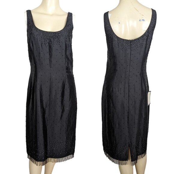 Ann Taylor Vintage sleeveless beaded Fringe‎ hem Cocktail party black dress  6